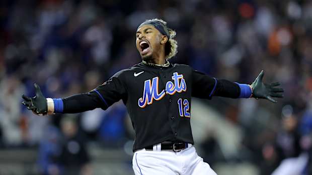 New York Mets shortstop Francisco Lindor celebrates his game-winning hit.